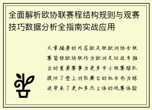 全面解析欧协联赛程结构规则与观赛技巧数据分析全指南实战应用 全面解析欧协联赛程结构规则与观赛技巧数据分析全指南实战应用